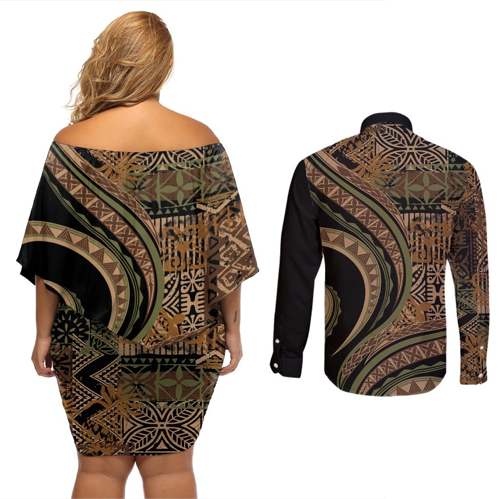 Hawaiian Hibiscus Tribal Vintage Motif Couples Matching Off Shoulder Short Dress and Long Sleeve Button Shirt Ver 8
