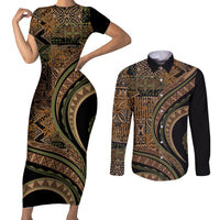 Hawaiian Hibiscus Tribal Vintage Motif Couples Matching Short Sleeve Bodycon Dress and Long Sleeve Button Shirt Ver 8
