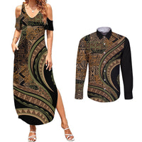Hawaiian Hibiscus Tribal Vintage Motif Couples Matching Summer Maxi Dress and Long Sleeve Button Shirt Ver 8