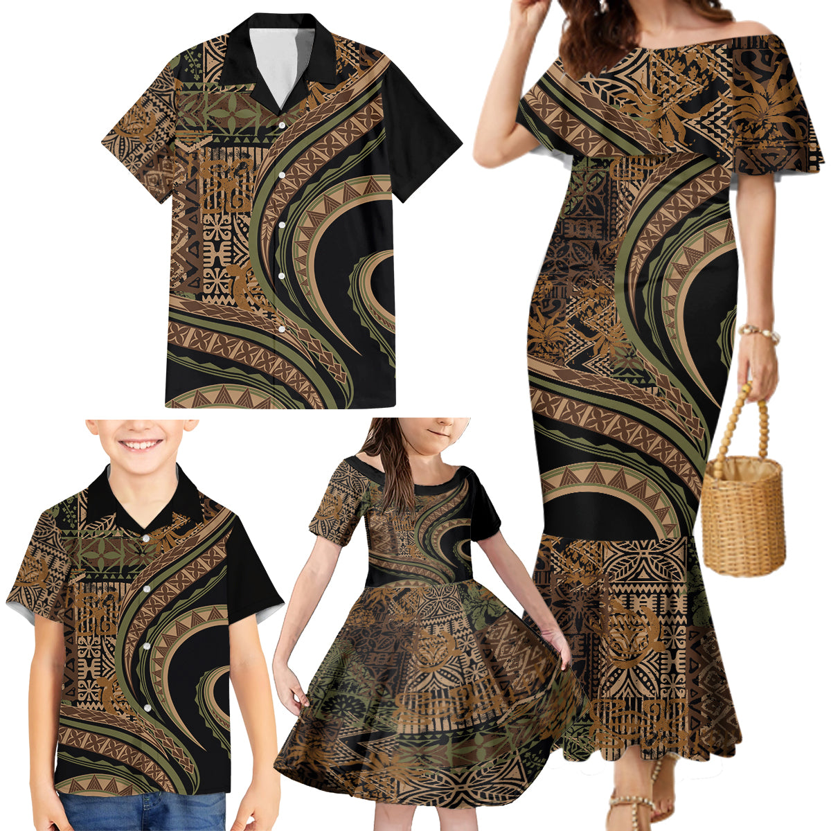Hawaiian Hibiscus Tribal Vintage Motif Family Matching Mermaid Dress and Hawaiian Shirt Ver 8