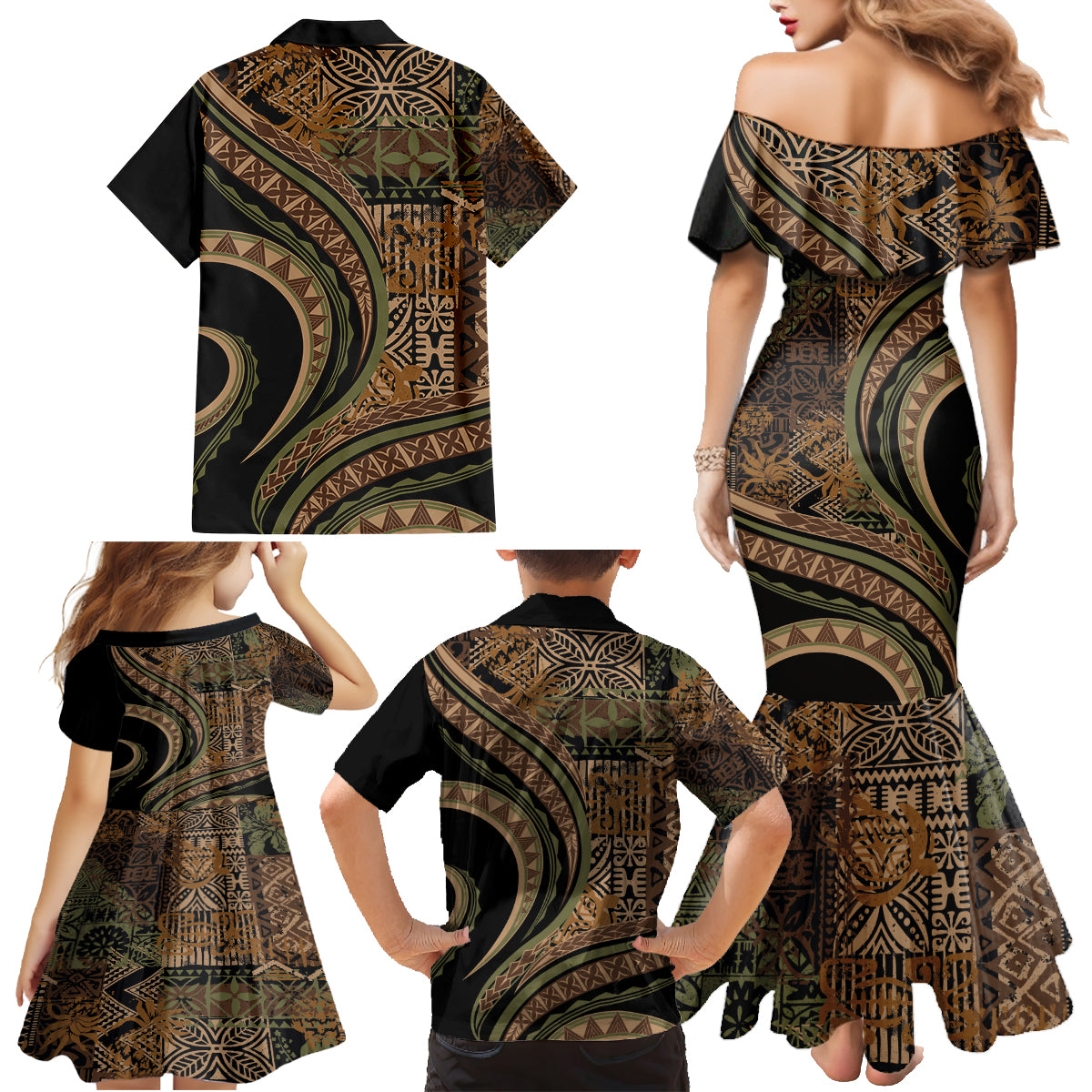 Hawaiian Hibiscus Tribal Vintage Motif Family Matching Mermaid Dress and Hawaiian Shirt Ver 8