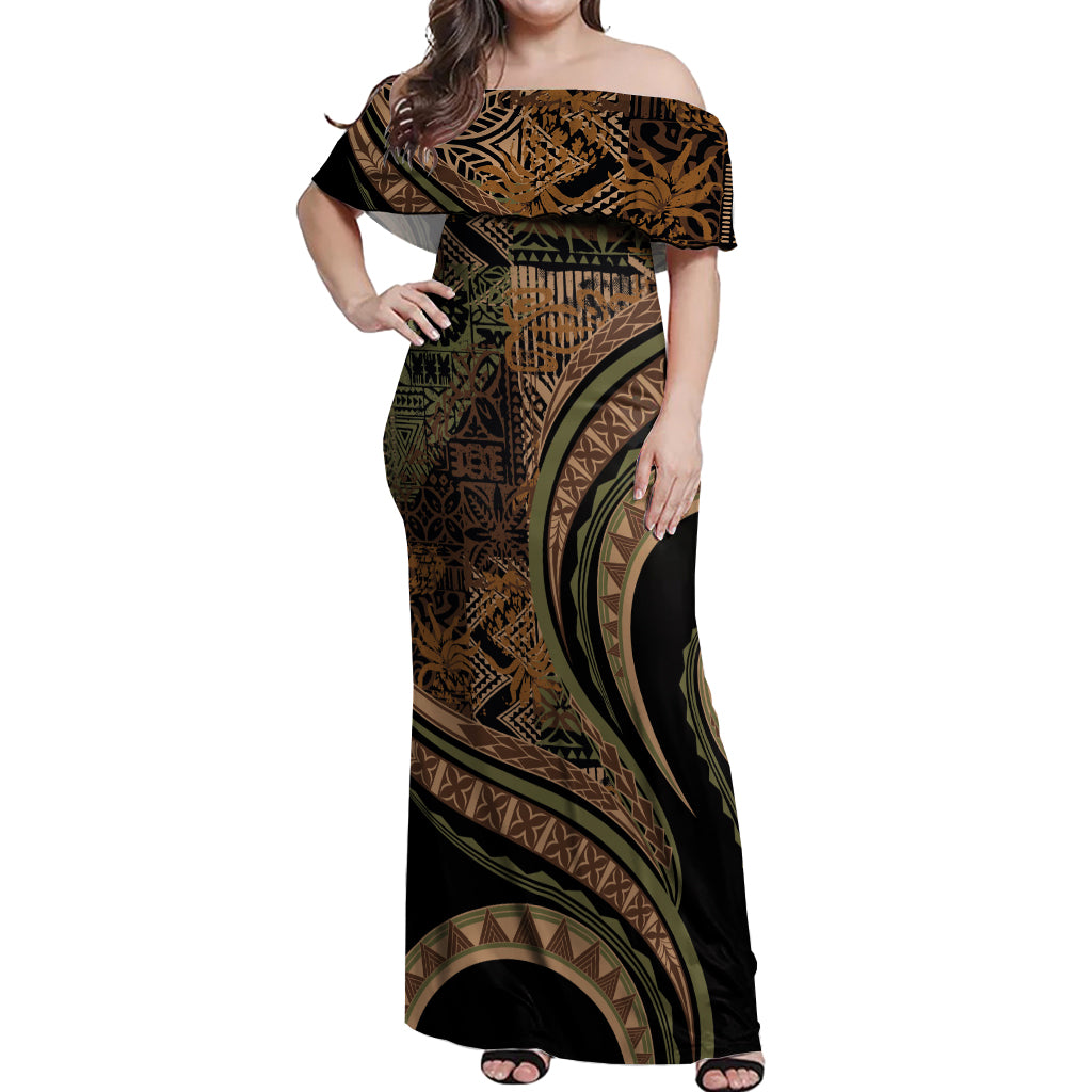 Hawaiian Hibiscus Tribal Vintage Motif Off Shoulder Maxi Dress Ver 8 LT9 Women Brown - Polynesian Pride