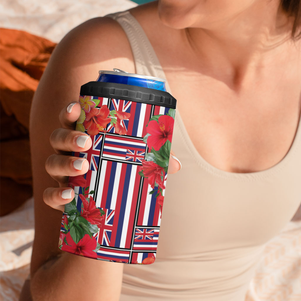 Hawaii Hibiscus Lei 4 in 1 Can Cooler Tumbler Hawaiian Flag Motif LT9 - Polynesian Pride