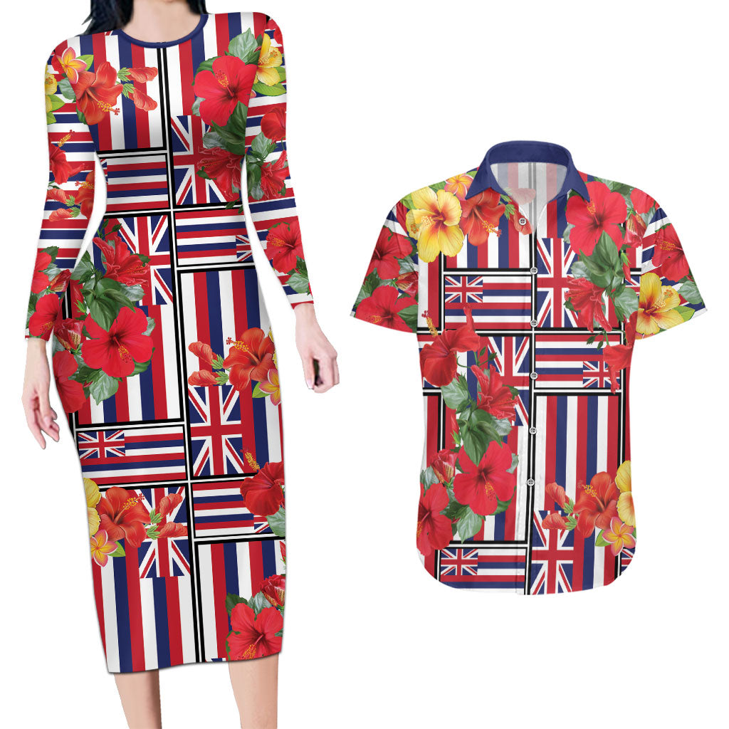 Hawaii Hibiscus Lei Couples Matching Long Sleeve Bodycon Dress and Hawaiian Shirt Hawaiian Flag Motif