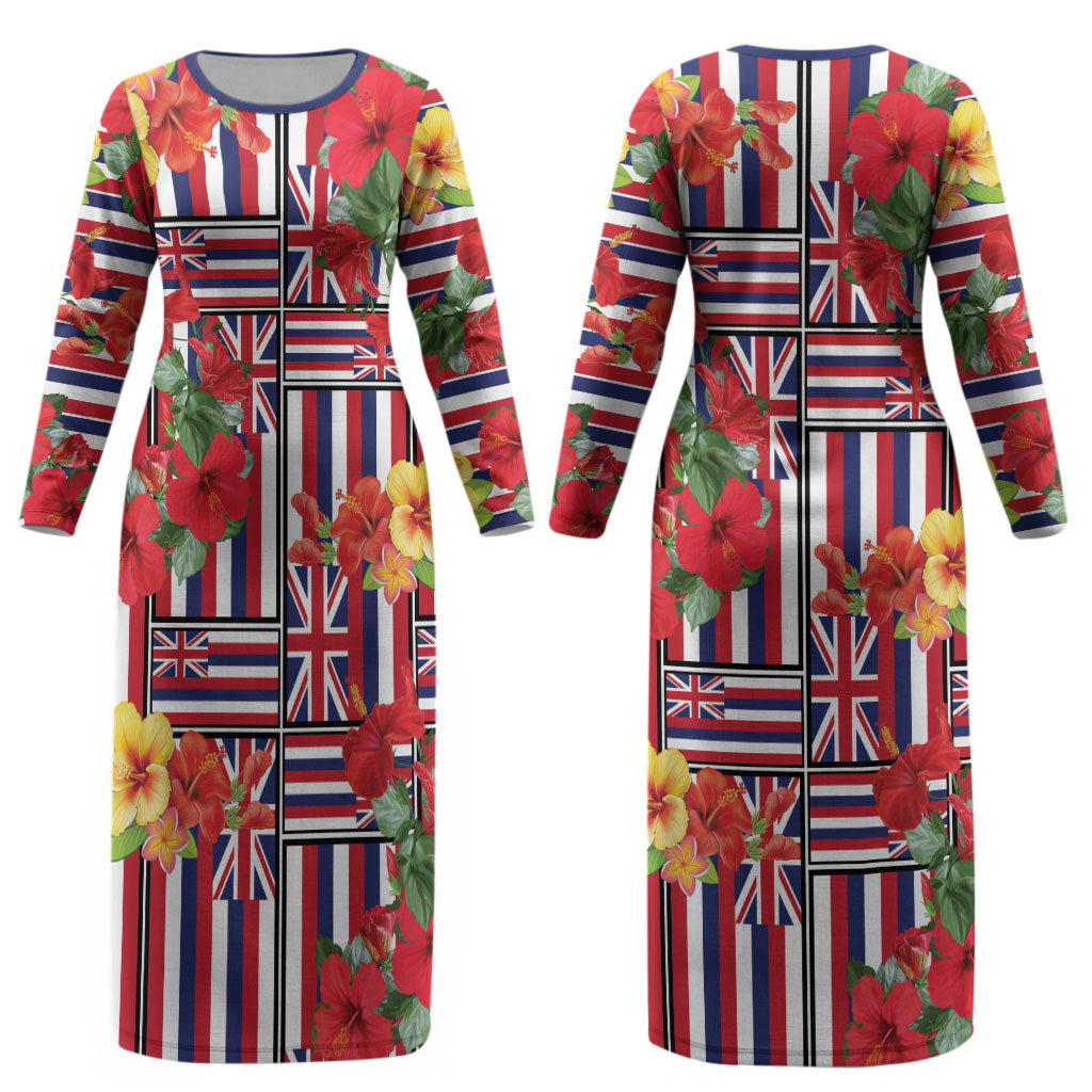 Hawaii Hibiscus Lei Couples Matching Long Sleeve Bodycon Dress and Long Sleeve Button Shirt Hawaiian Flag Motif LT9 - Polynesian Pride