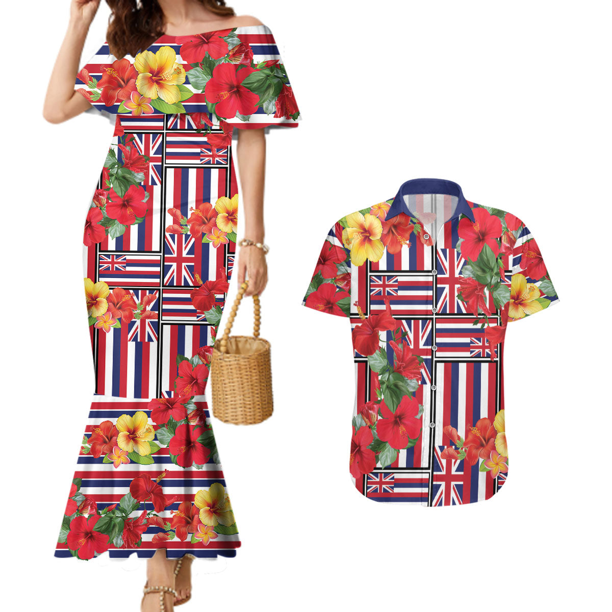 Hawaii Hibiscus Lei Couples Matching Mermaid Dress and Hawaiian Shirt Hawaiian Flag Motif