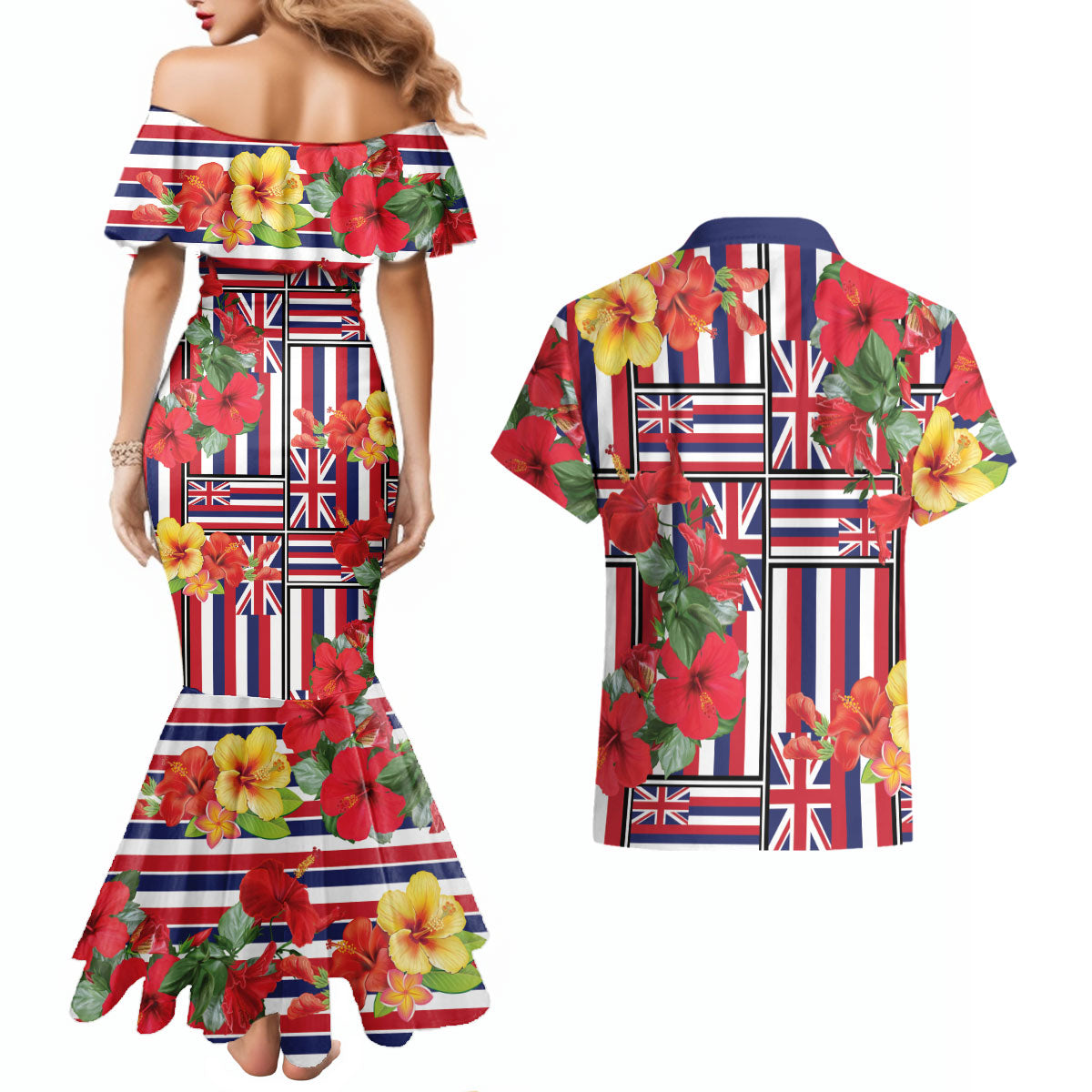 Hawaii Hibiscus Lei Couples Matching Mermaid Dress and Hawaiian Shirt Hawaiian Flag Motif