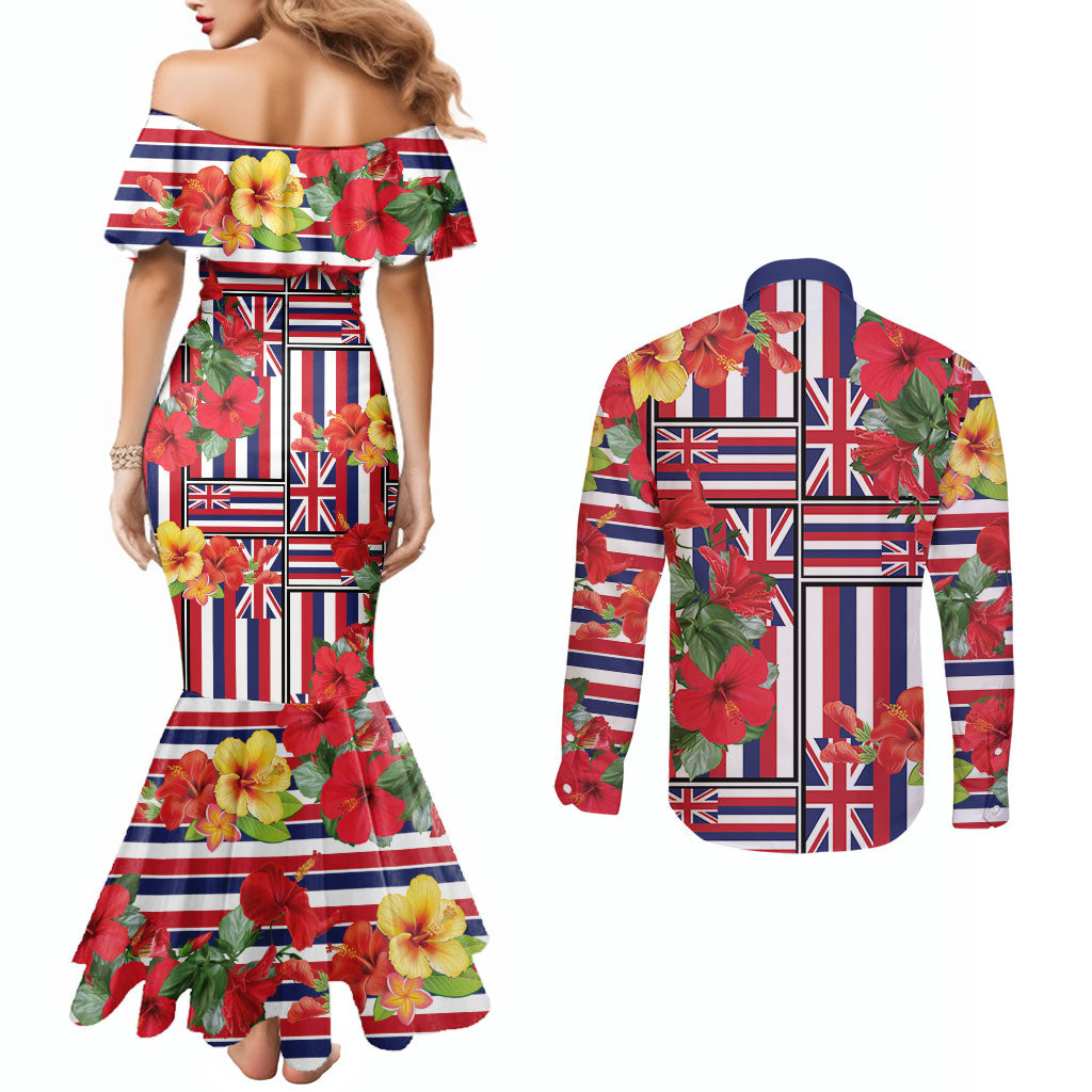Hawaii Hibiscus Lei Couples Matching Mermaid Dress and Long Sleeve Button Shirt Hawaiian Flag Motif