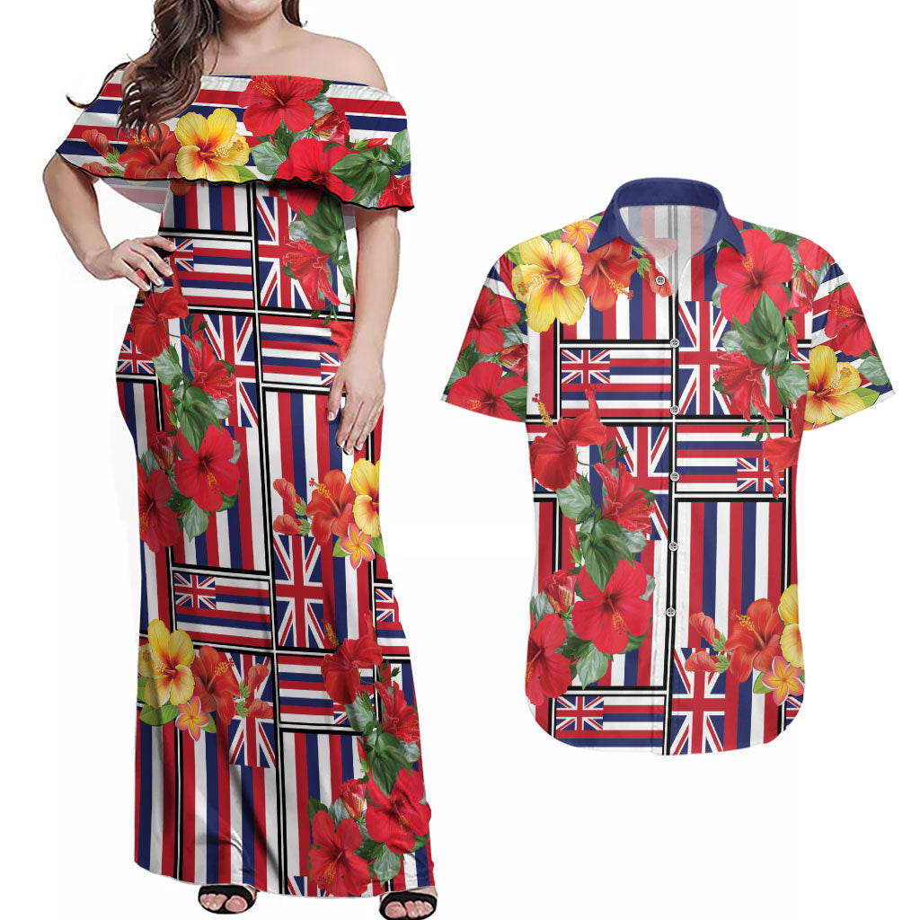 Hawaii Hibiscus Lei Couples Matching Off Shoulder Maxi Dress and Hawaiian Shirt Hawaiian Flag Motif