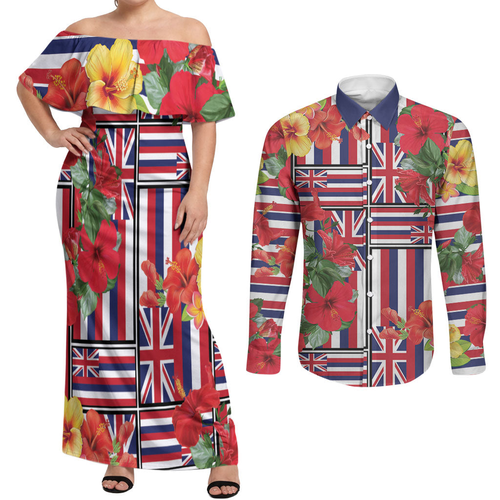 Hawaii Hibiscus Lei Couples Matching Off Shoulder Maxi Dress and Long Sleeve Button Shirt Hawaiian Flag Motif LT9 Red - Polynesian Pride