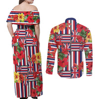 Hawaii Hibiscus Lei Couples Matching Off Shoulder Maxi Dress and Long Sleeve Button Shirt Hawaiian Flag Motif