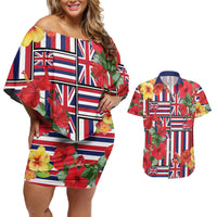 Hawaii Hibiscus Lei Couples Matching Off Shoulder Short Dress and Hawaiian Shirt Hawaiian Flag Motif