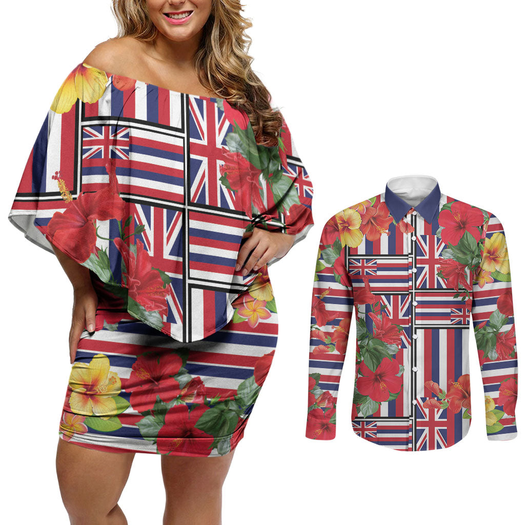 Hawaii Hibiscus Lei Couples Matching Off Shoulder Short Dress and Long Sleeve Button Shirt Hawaiian Flag Motif LT9 Red - Polynesian Pride
