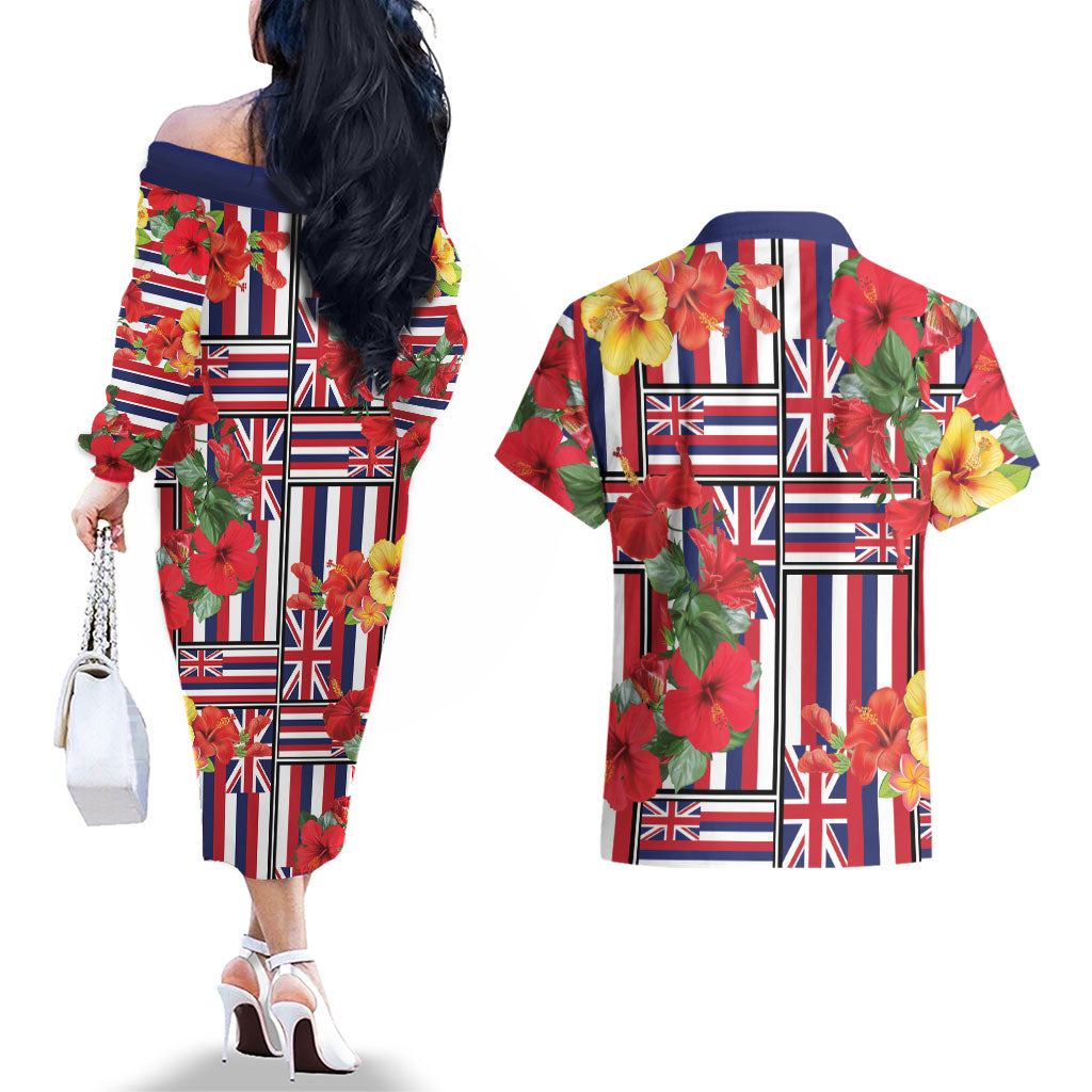Hawaii Hibiscus Lei Couples Matching Off The Shoulder Long Sleeve Dress and Hawaiian Shirt Hawaiian Flag Motif