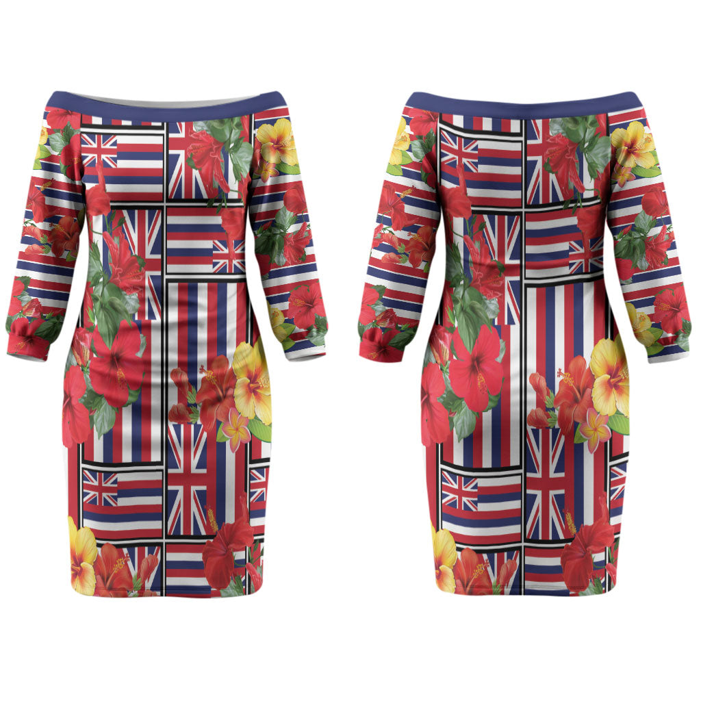 Hawaii Hibiscus Lei Couples Matching Off The Shoulder Long Sleeve Dress and Hawaiian Shirt Hawaiian Flag Motif LT9 - Polynesian Pride