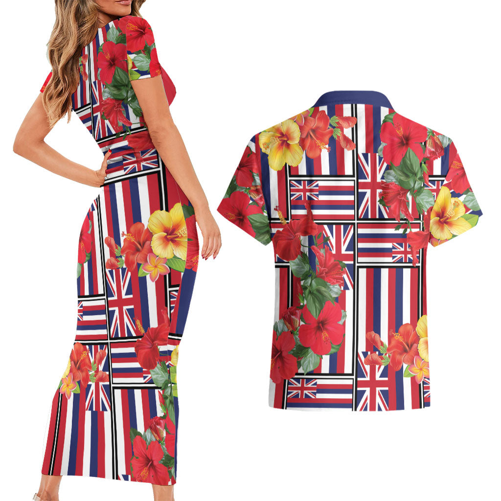 Hawaii Hibiscus Lei Couples Matching Short Sleeve Bodycon Dress and Hawaiian Shirt Hawaiian Flag Motif