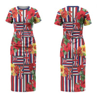 Hawaii Hibiscus Lei Couples Matching Short Sleeve Bodycon Dress and Hawaiian Shirt Hawaiian Flag Motif LT9 - Polynesian Pride