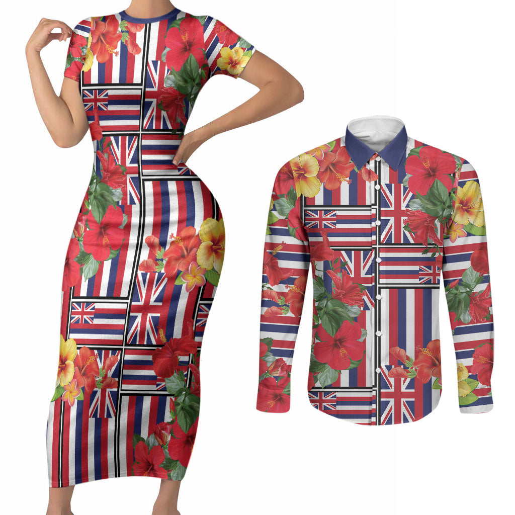 Hawaii Hibiscus Lei Couples Matching Short Sleeve Bodycon Dress and Long Sleeve Button Shirt Hawaiian Flag Motif LT9 Red - Polynesian Pride