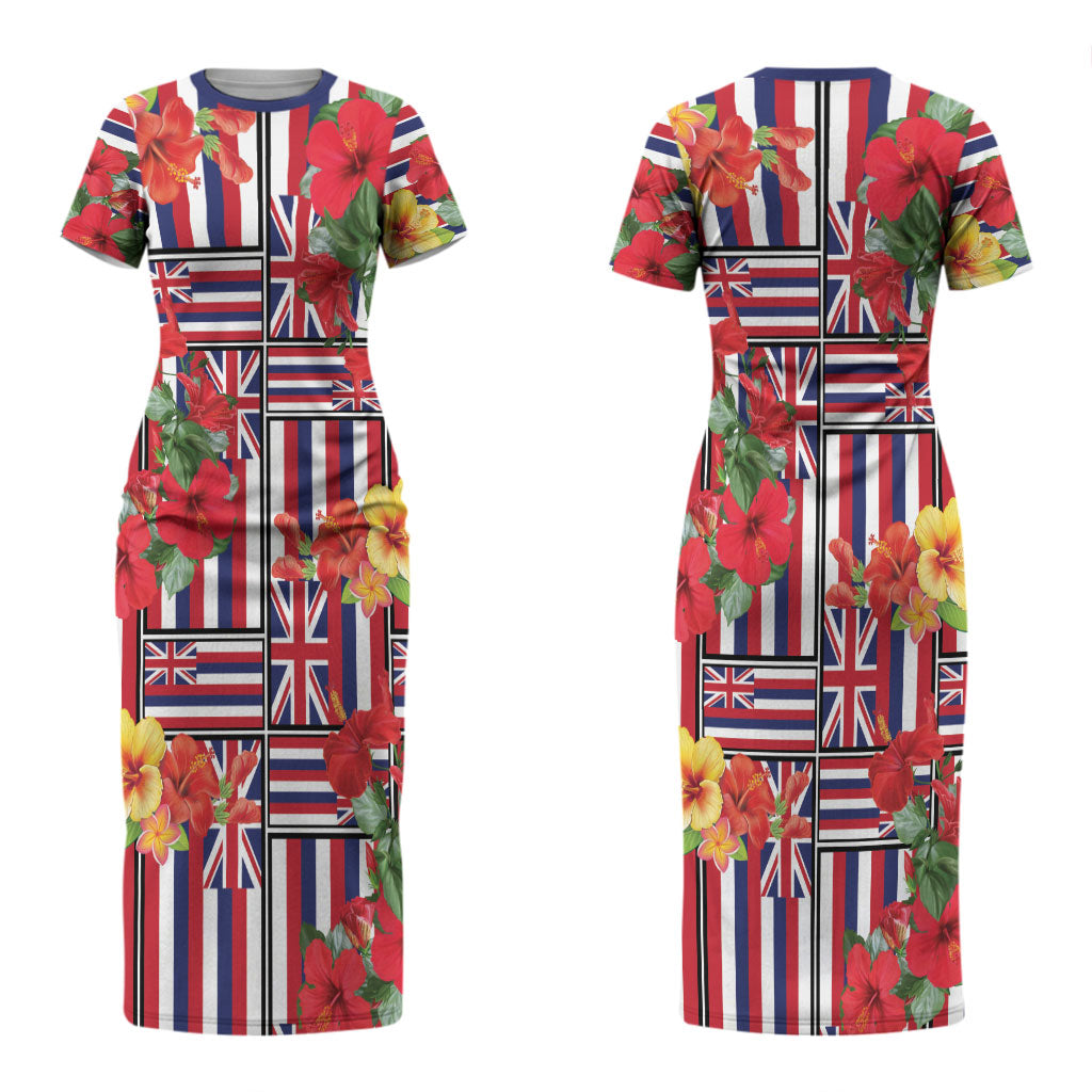 Hawaii Hibiscus Lei Couples Matching Short Sleeve Bodycon Dress and Long Sleeve Button Shirt Hawaiian Flag Motif LT9 - Polynesian Pride