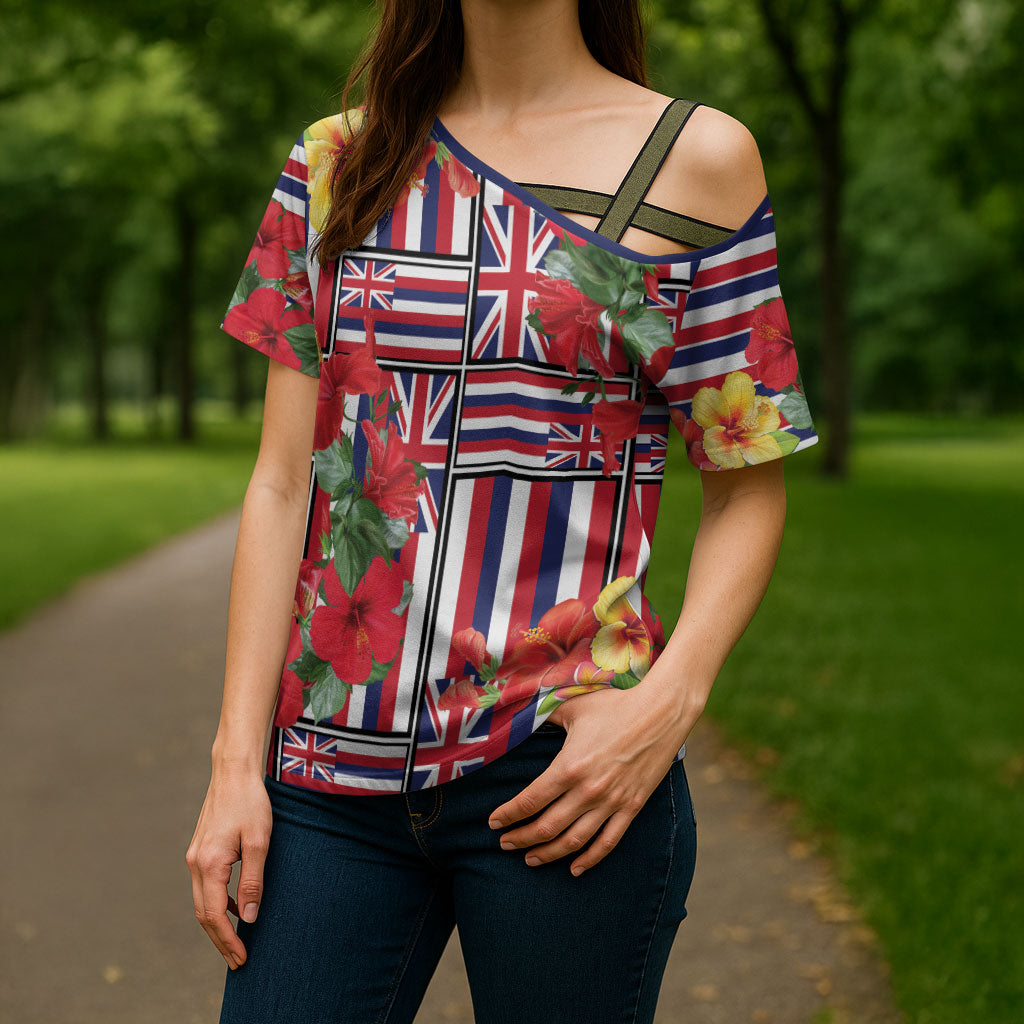 Hawaii Hibiscus Lei Cross Shoulder Shirt Hawaiian Flag Motif