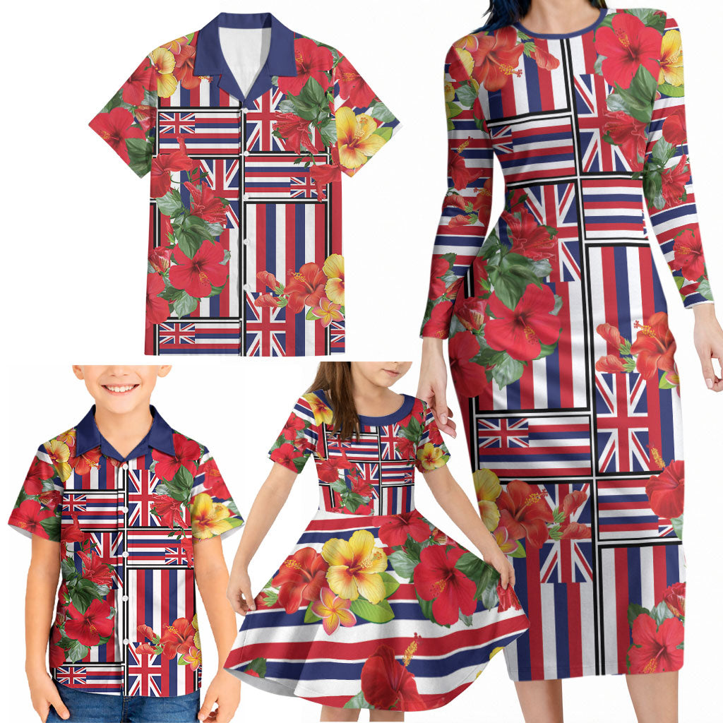 Hawaii Hibiscus Lei Family Matching Long Sleeve Bodycon Dress and Hawaiian Shirt Hawaiian Flag Motif LT9 - Polynesian Pride