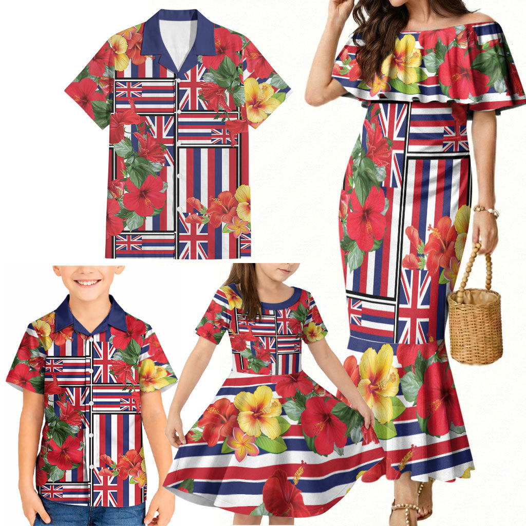 Hawaii Hibiscus Lei Family Matching Mermaid Dress and Hawaiian Shirt Hawaiian Flag Motif LT9 - Polynesian Pride