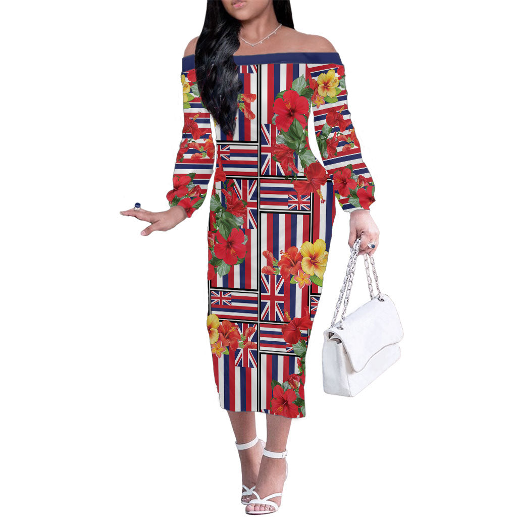 Hawaii Hibiscus Lei Family Matching Off The Shoulder Long Sleeve Dress and Hawaiian Shirt Hawaiian Flag Motif