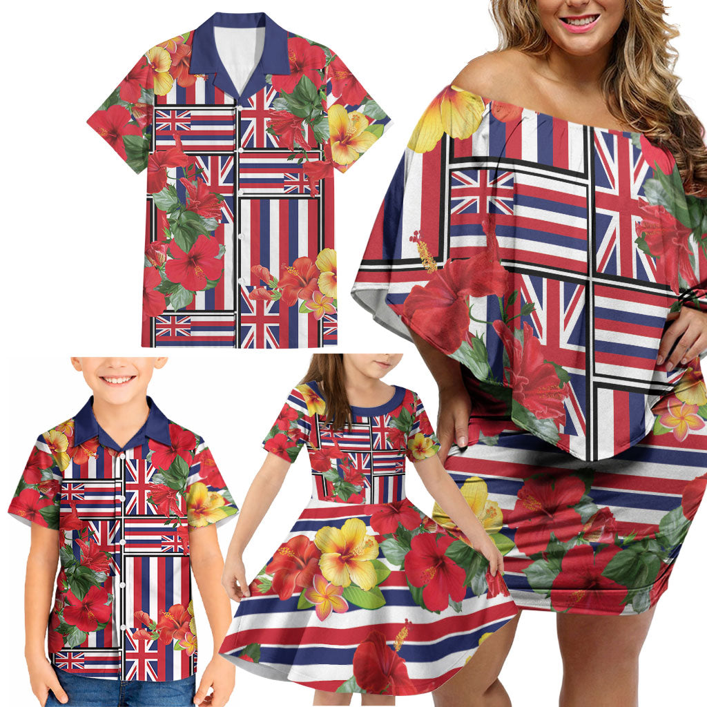 Hawaii Hibiscus Lei Family Matching Off Shoulder Short Dress and Hawaiian Shirt Hawaiian Flag Motif LT9 - Polynesian Pride