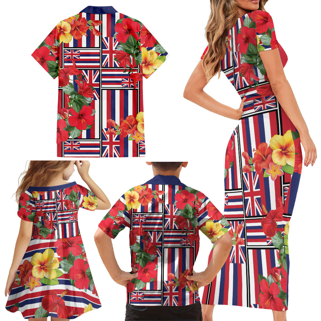 Hawaii Hibiscus Lei Family Matching Short Sleeve Bodycon Dress and Hawaiian Shirt Hawaiian Flag Motif