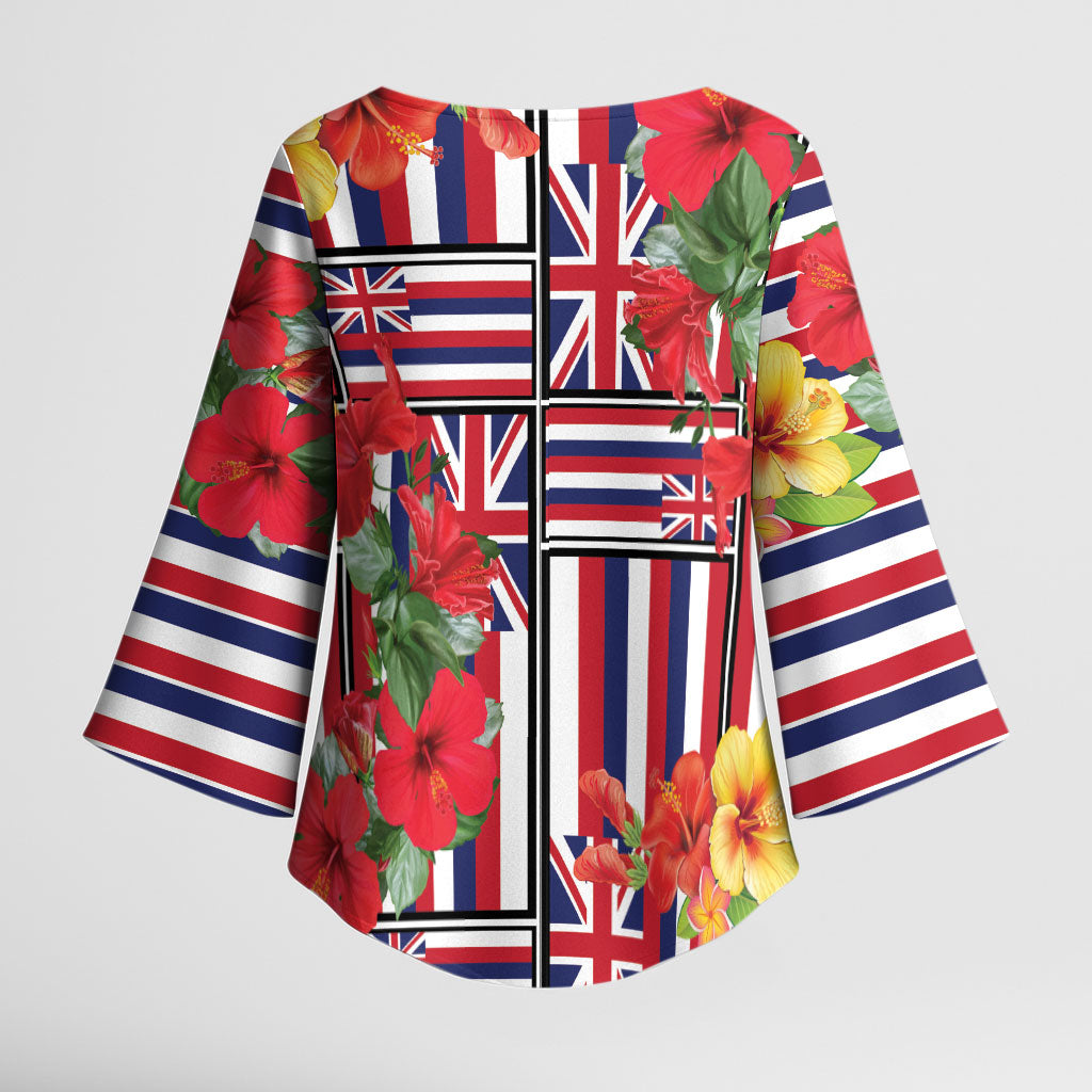 Hawaii Hibiscus Lei Kimono Sleeve Blouse Hawaiian Flag Motif