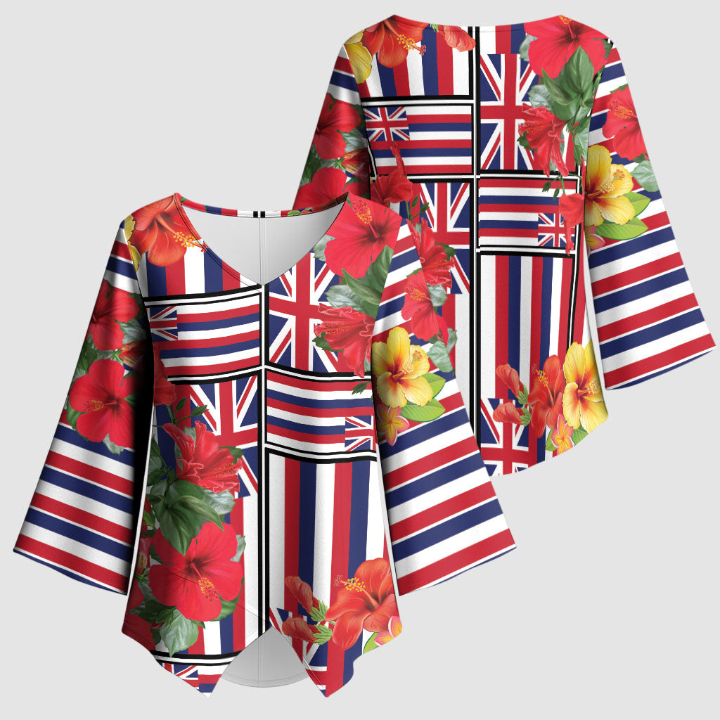 Hawaii Hibiscus Lei Kimono Sleeve Blouse Hawaiian Flag Motif