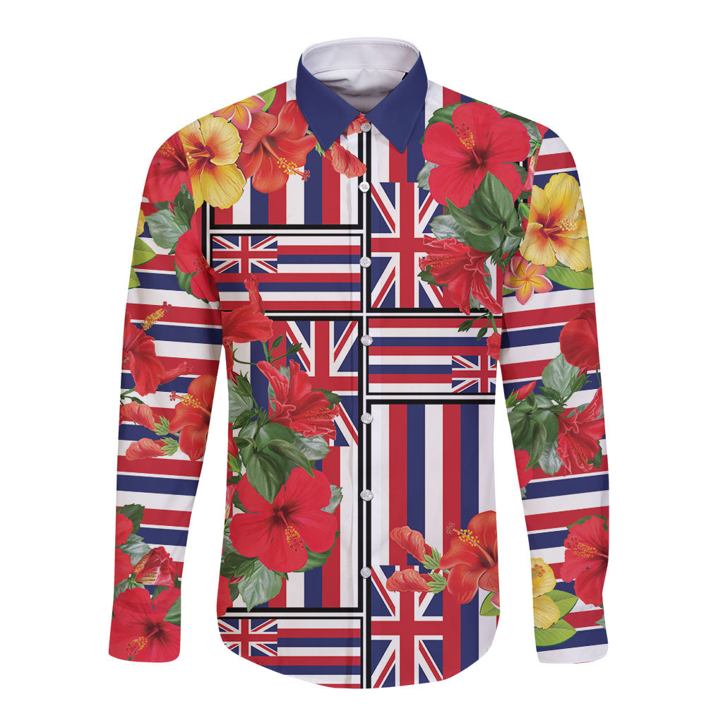 Hawaii Hibiscus Lei Long Sleeve Button Shirt Hawaiian Flag Motif