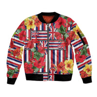 Hawaii Hibiscus Lei Sleeve Zip Bomber Jacket Hawaiian Flag Motif