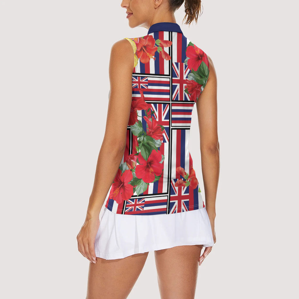 Hawaii Hibiscus Lei Women Sleeveless Polo Shirt Hawaiian Flag Motif