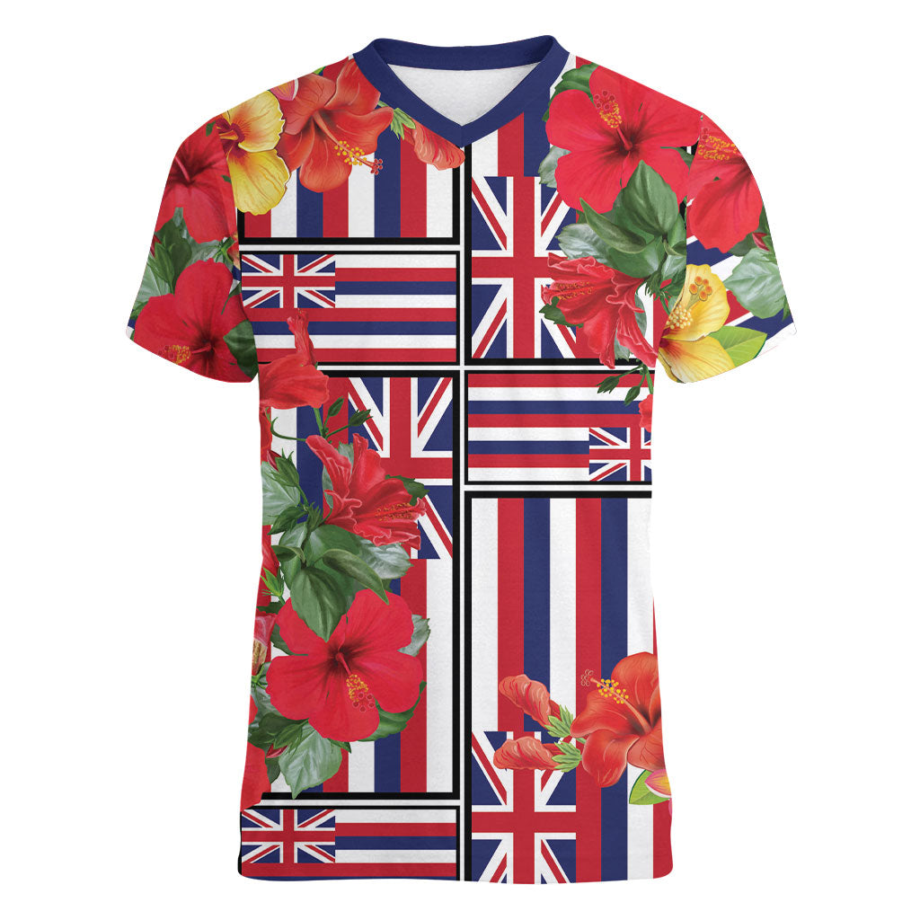 Hawaii Hibiscus Lei Women V-Neck T-Shirt Hawaiian Flag Motif