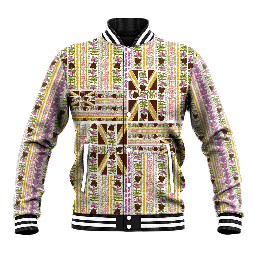 Hawaii Lokelani Pikake Lei Baseball Jacket Hawaiian Flag Motif