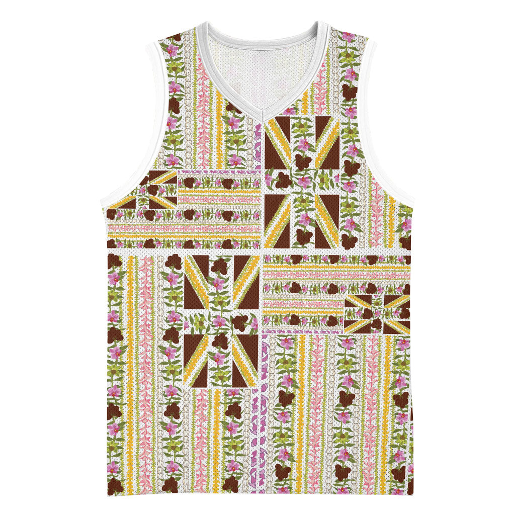 Hawaii Lokelani Pikake Lei Basketball Jersey Hawaiian Flag Motif LT9 Unisex White - Polynesian Pride