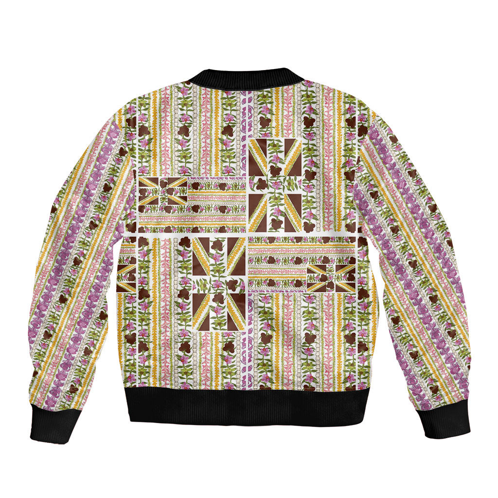 Hawaii Lokelani Pikake Lei Bomber Jacket Hawaiian Flag Motif