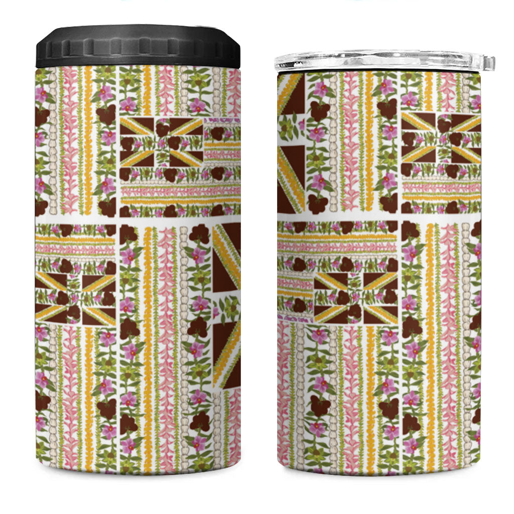 Hawaii Lokelani Pikake Lei 4 in 1 Can Cooler Tumbler Hawaiian Flag Motif