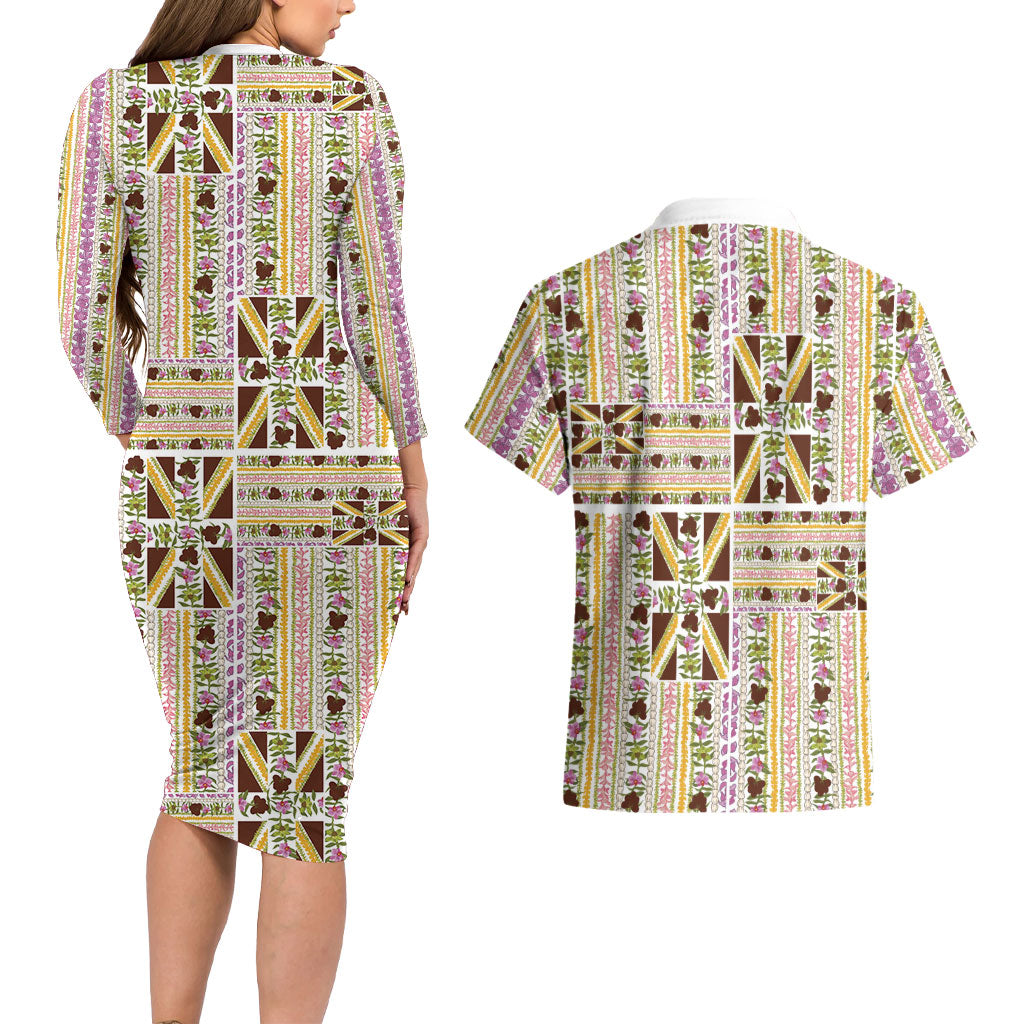 Hawaii Lokelani Pikake Lei Couples Matching Long Sleeve Bodycon Dress and Hawaiian Shirt Hawaiian Flag Motif