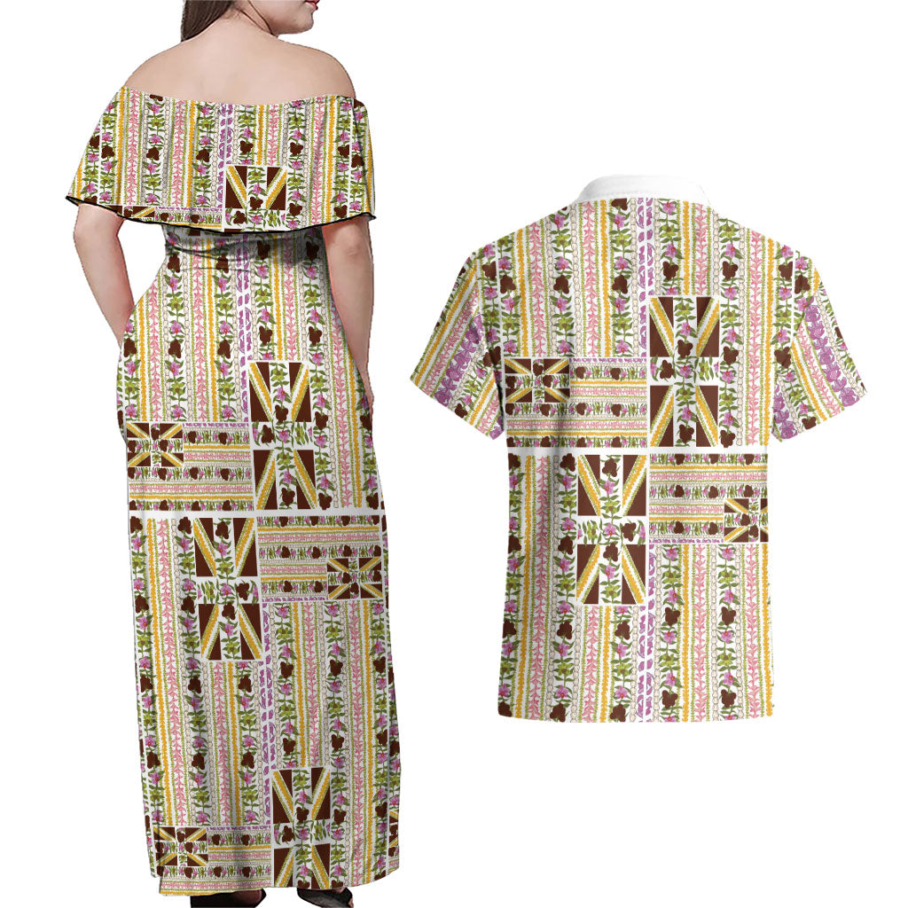 Hawaii Lokelani Pikake Lei Couples Matching Off Shoulder Maxi Dress and Hawaiian Shirt Hawaiian Flag Motif