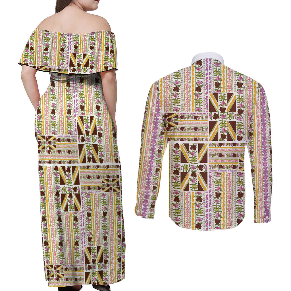 Hawaii Lokelani Pikake Lei Couples Matching Off Shoulder Maxi Dress and Long Sleeve Button Shirt Hawaiian Flag Motif
