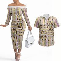 Hawaii Lokelani Pikake Lei Couples Matching Off The Shoulder Long Sleeve Dress and Hawaiian Shirt Hawaiian Flag Motif LT9 White - Polynesian Pride