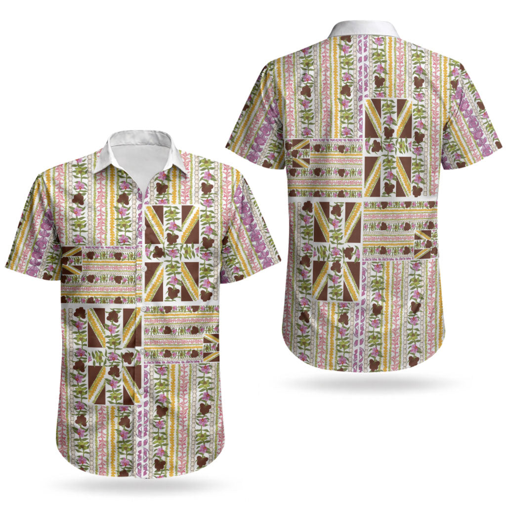 Hawaii Lokelani Pikake Lei Couples Matching Off The Shoulder Long Sleeve Dress and Hawaiian Shirt Hawaiian Flag Motif LT9 - Polynesian Pride