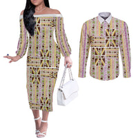 Hawaii Lokelani Pikake Lei Couples Matching Off The Shoulder Long Sleeve Dress and Long Sleeve Button Shirt Hawaiian Flag Motif