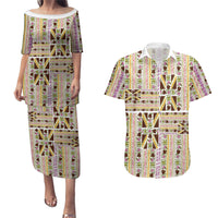 Hawaii Lokelani Pikake Lei Couples Matching Puletasi and Hawaiian Shirt Hawaiian Flag Motif