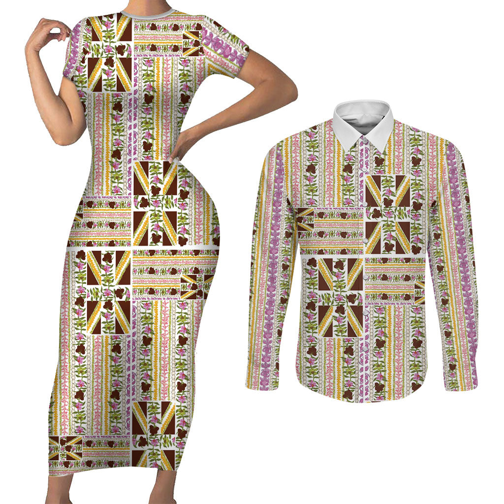 Hawaii Lokelani Pikake Lei Couples Matching Short Sleeve Bodycon Dress and Long Sleeve Button Shirt Hawaiian Flag Motif