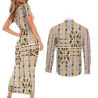 Hawaii Lokelani Pikake Lei Couples Matching Short Sleeve Bodycon Dress and Long Sleeve Button Shirt Hawaiian Flag Motif