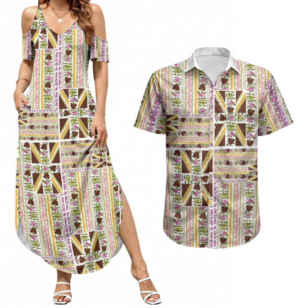 Hawaii Lokelani Pikake Lei Couples Matching Summer Maxi Dress and Hawaiian Shirt Hawaiian Flag Motif LT9 White - Polynesian Pride