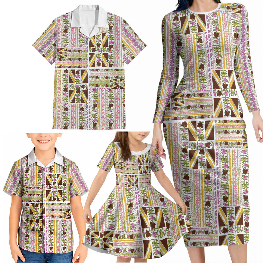 Hawaii Lokelani Pikake Lei Family Matching Long Sleeve Bodycon Dress and Hawaiian Shirt Hawaiian Flag Motif LT9 - Polynesian Pride